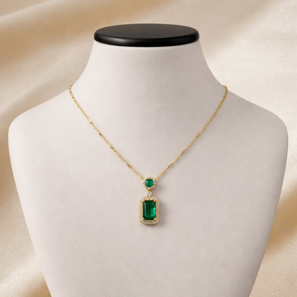 Gold necklace with emerald-cut green pendant surrounded by cubic zirconia stones on jewelry display