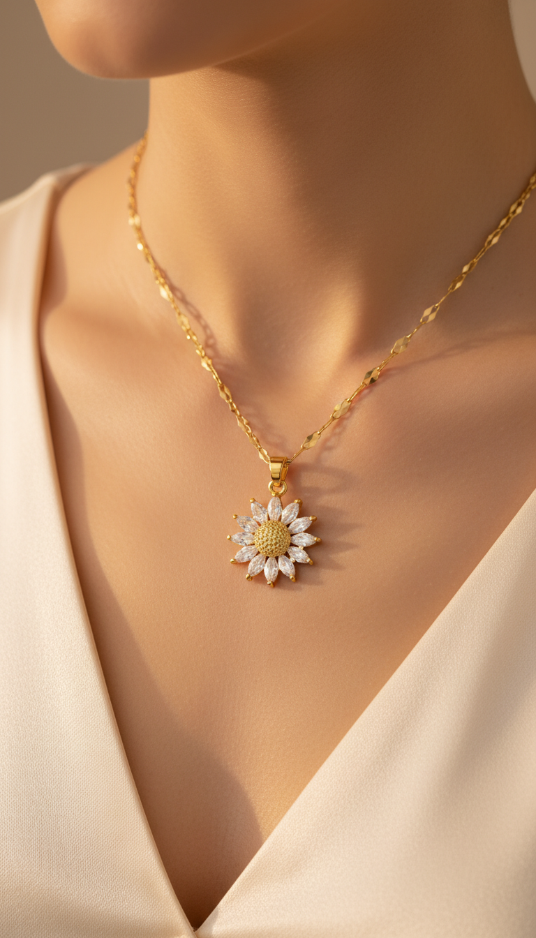 Gold necklace with crystal flower pendant and textured center displayed on jewelry bust