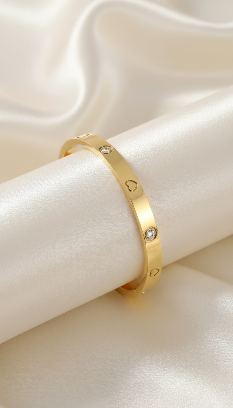 Polished gold heart diamond bangle bracelet with bezel-set stones on satin background