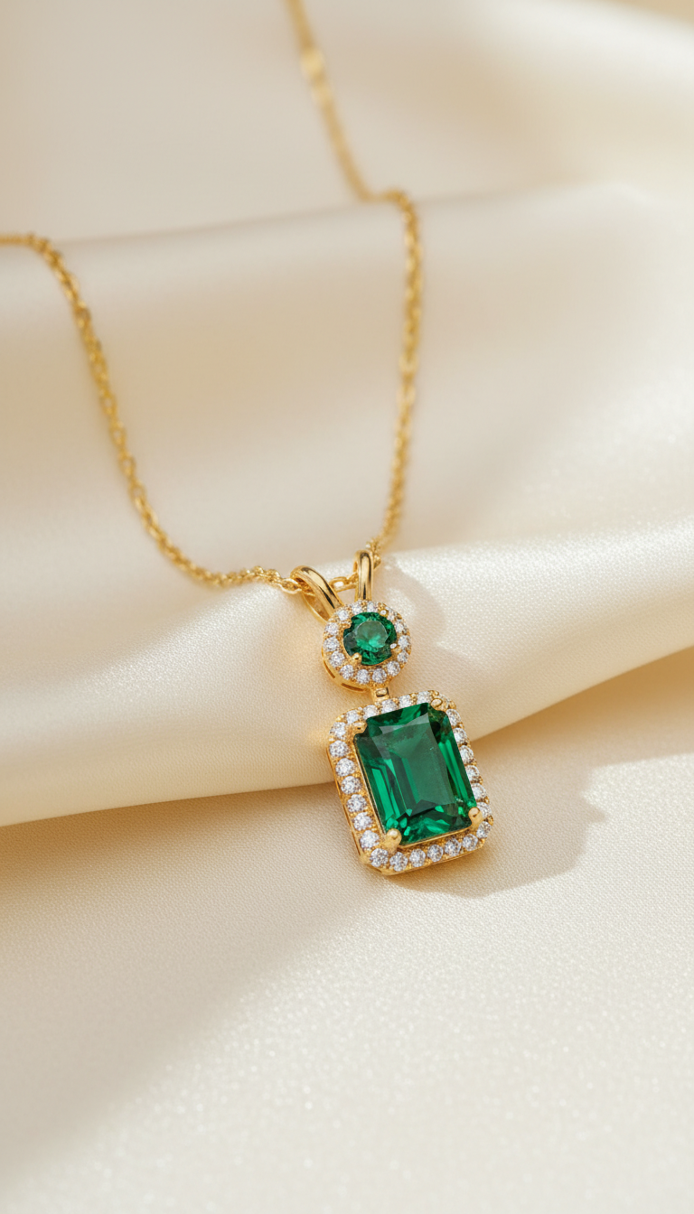 Gold necklace with emerald-cut green pendant surrounded by cubic zirconia stones on jewelry display