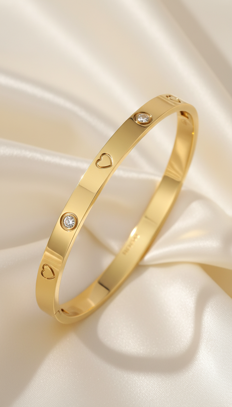 Polished gold heart diamond bangle bracelet with bezel-set stones on satin background